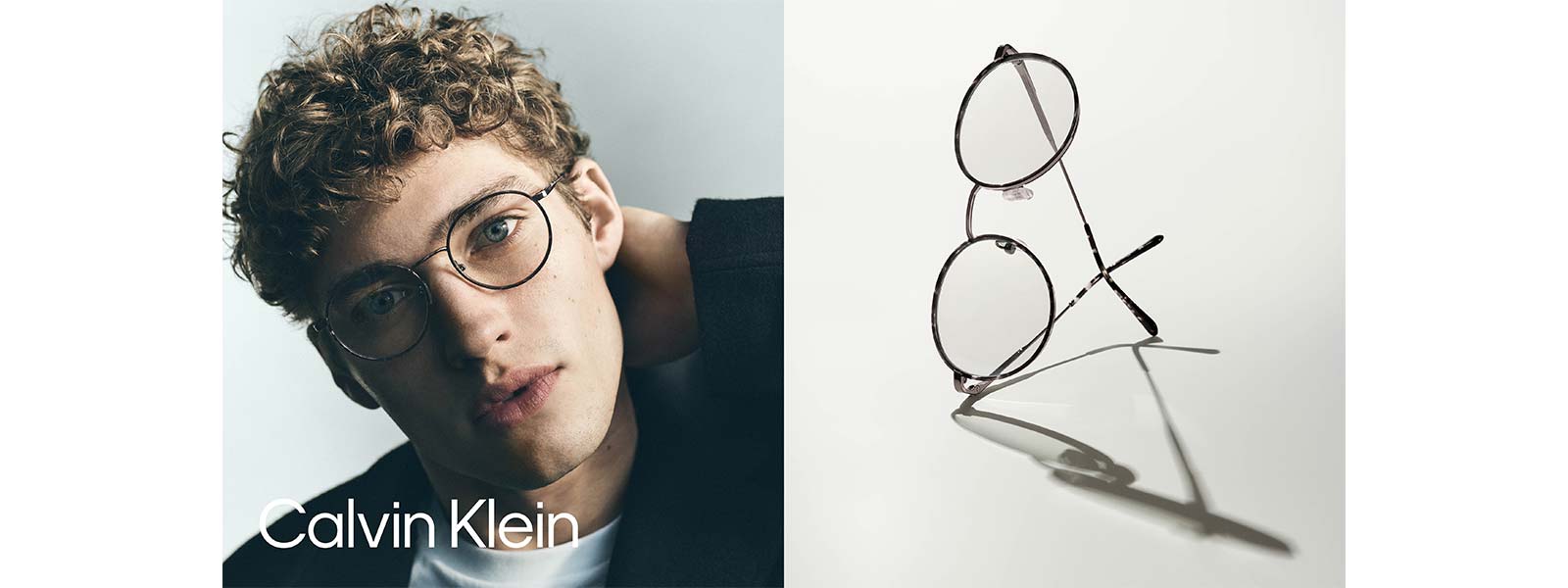 Calvin Klein: Junger Mann mit Brille (links im Bild) und Brillenfassung (rechts im Bild)